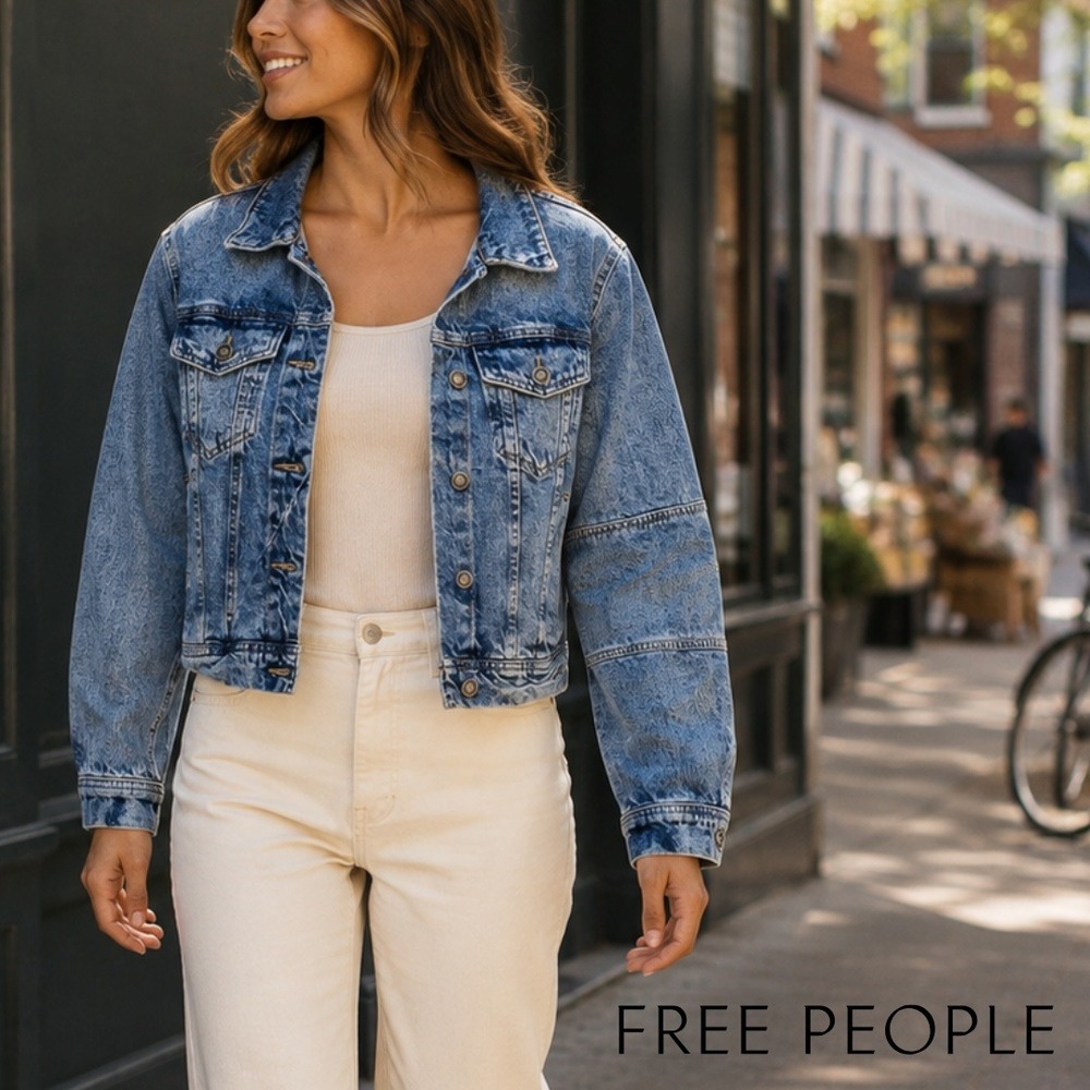 Free People, We The Free Acid Wash Blue Denim Jacket Cropped Size Small